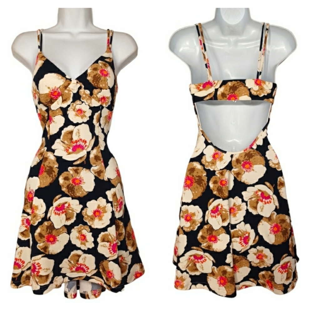 PAPAYA Navy Blue Pink Tan Floral Print Open Back A-line Strap Small Dress NWT